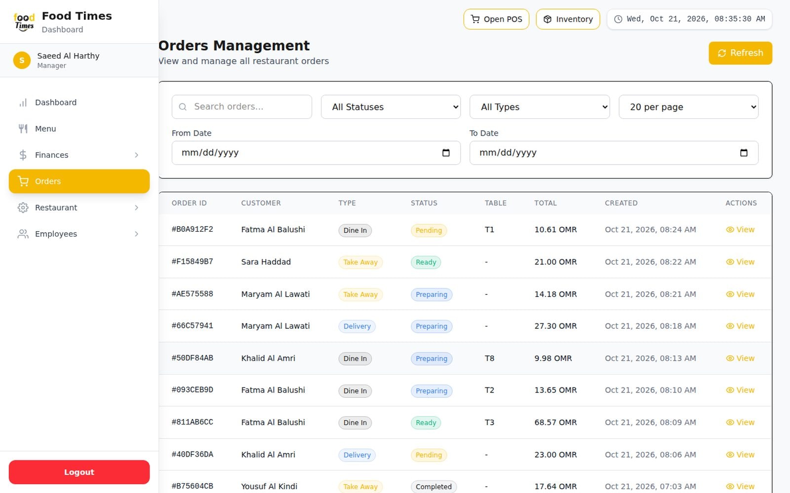 Every order with type, status, table and total.