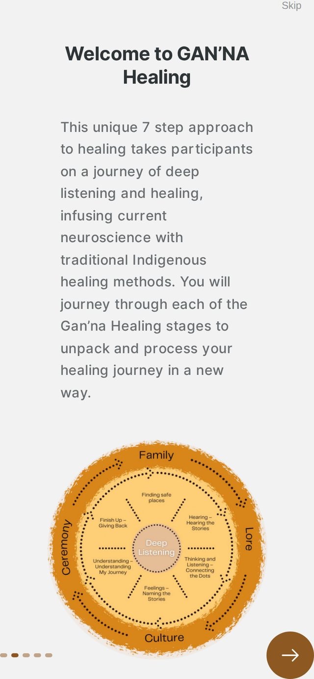 Onboarding introduces the Gan'na healing approach.