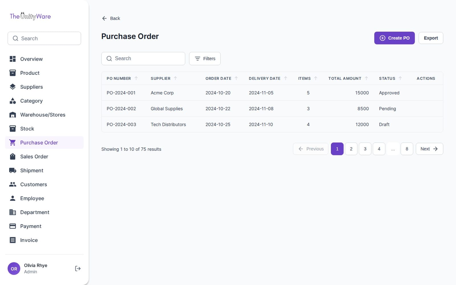 Orders to suppliers with dates, totals and approval status.