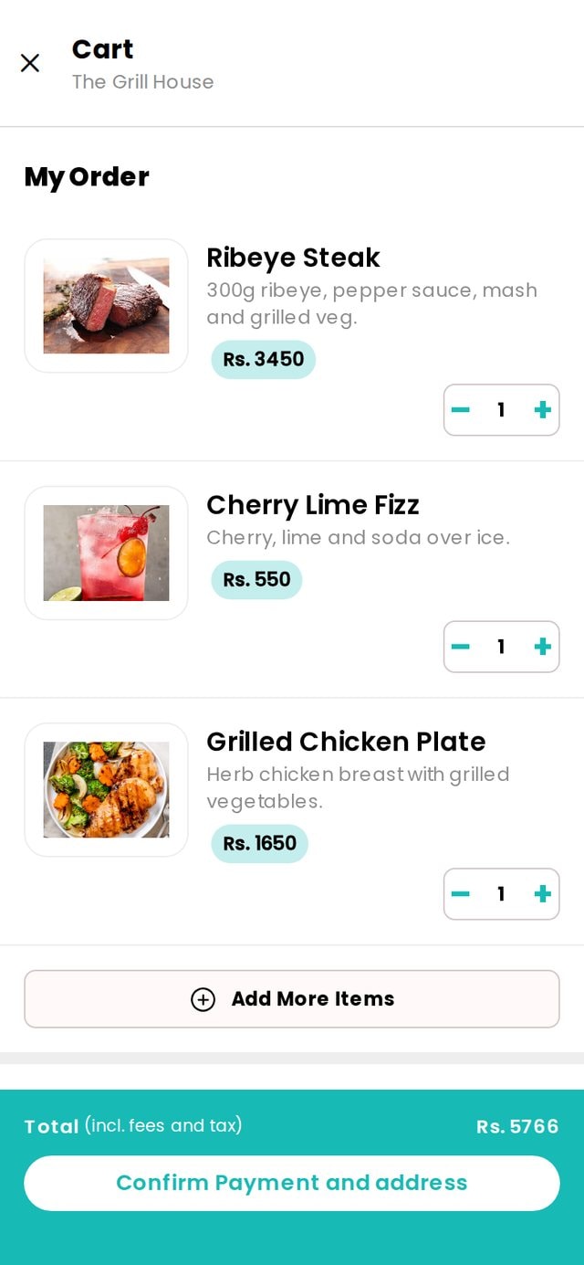 Order review with quantities and total.