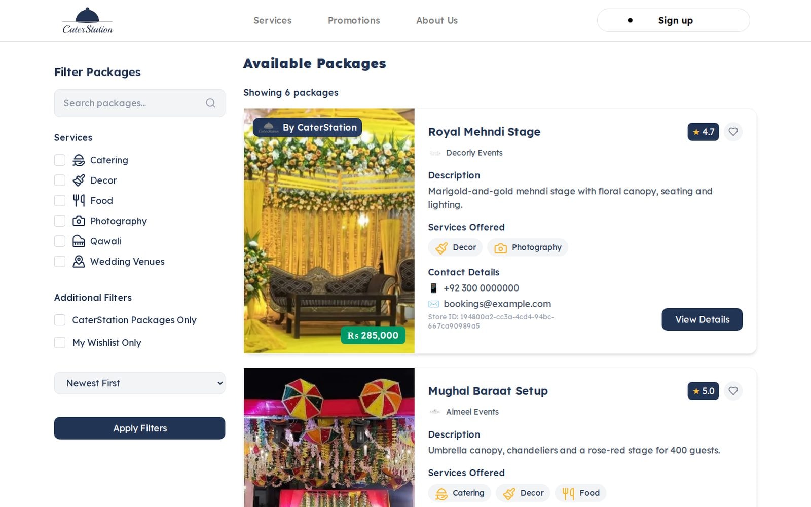 Packages with photos, prices, ratings and service filters.