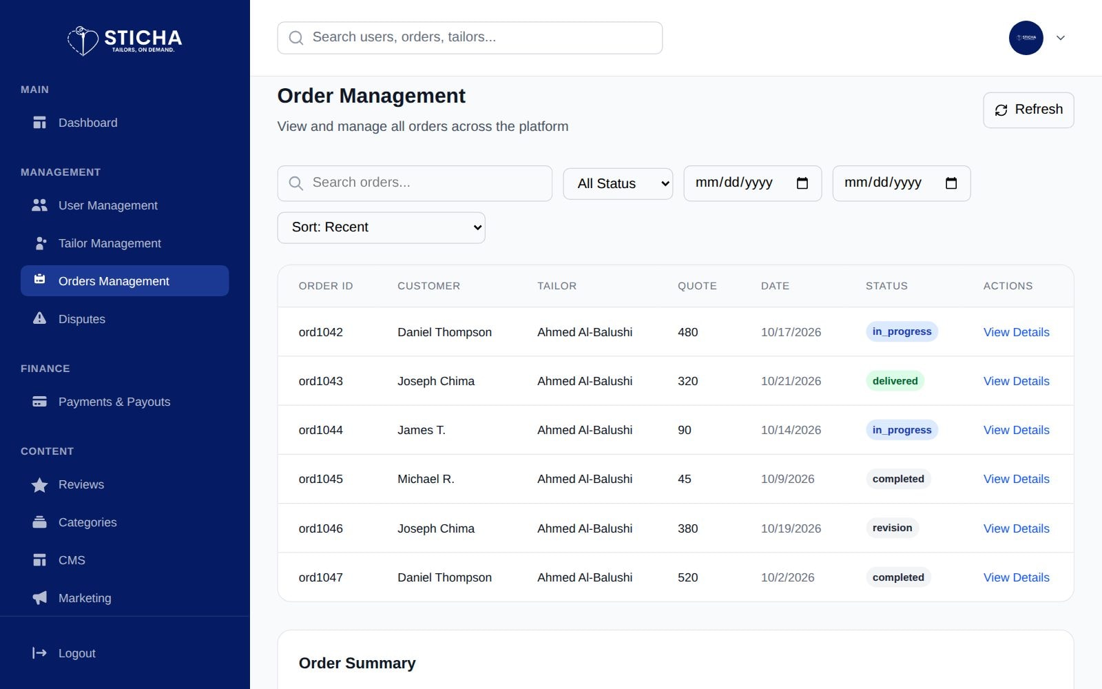 Every order across the platform with its status and quote.
