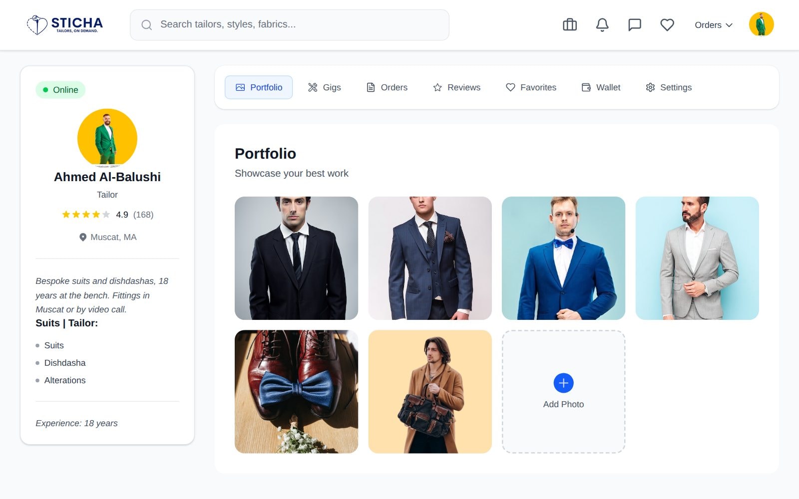 A tailor's profile, specialities, ratings and portfolio.