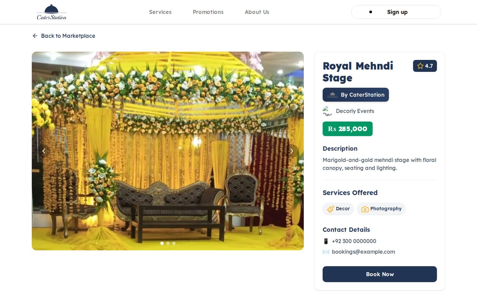 A mehndi stage package with gallery, services, contact and booking.