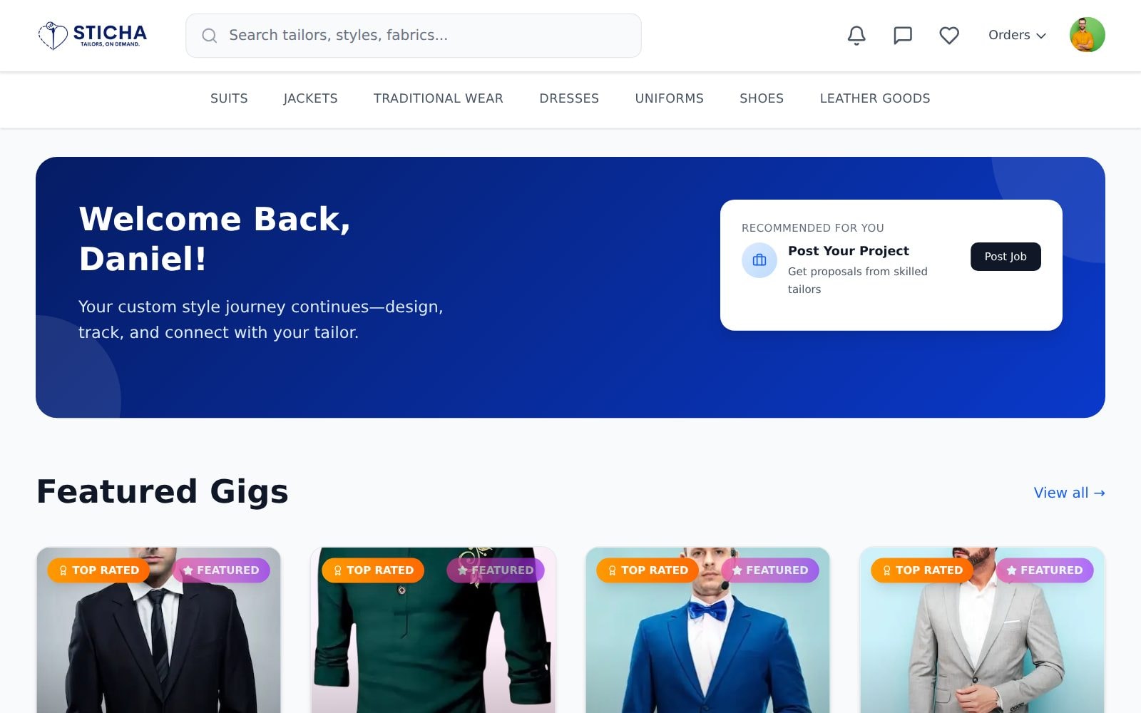 Featured gigs, top-rated tailors and a search across styles and fabrics.