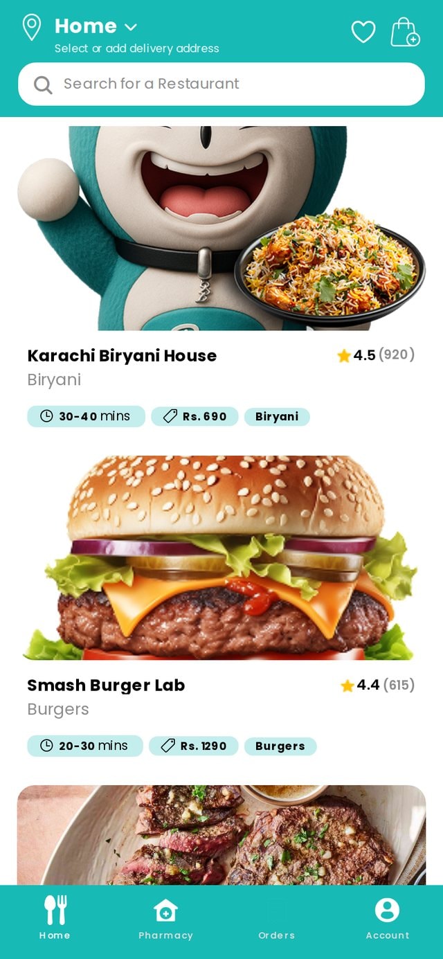 Restaurants with ratings, delivery times and prices.