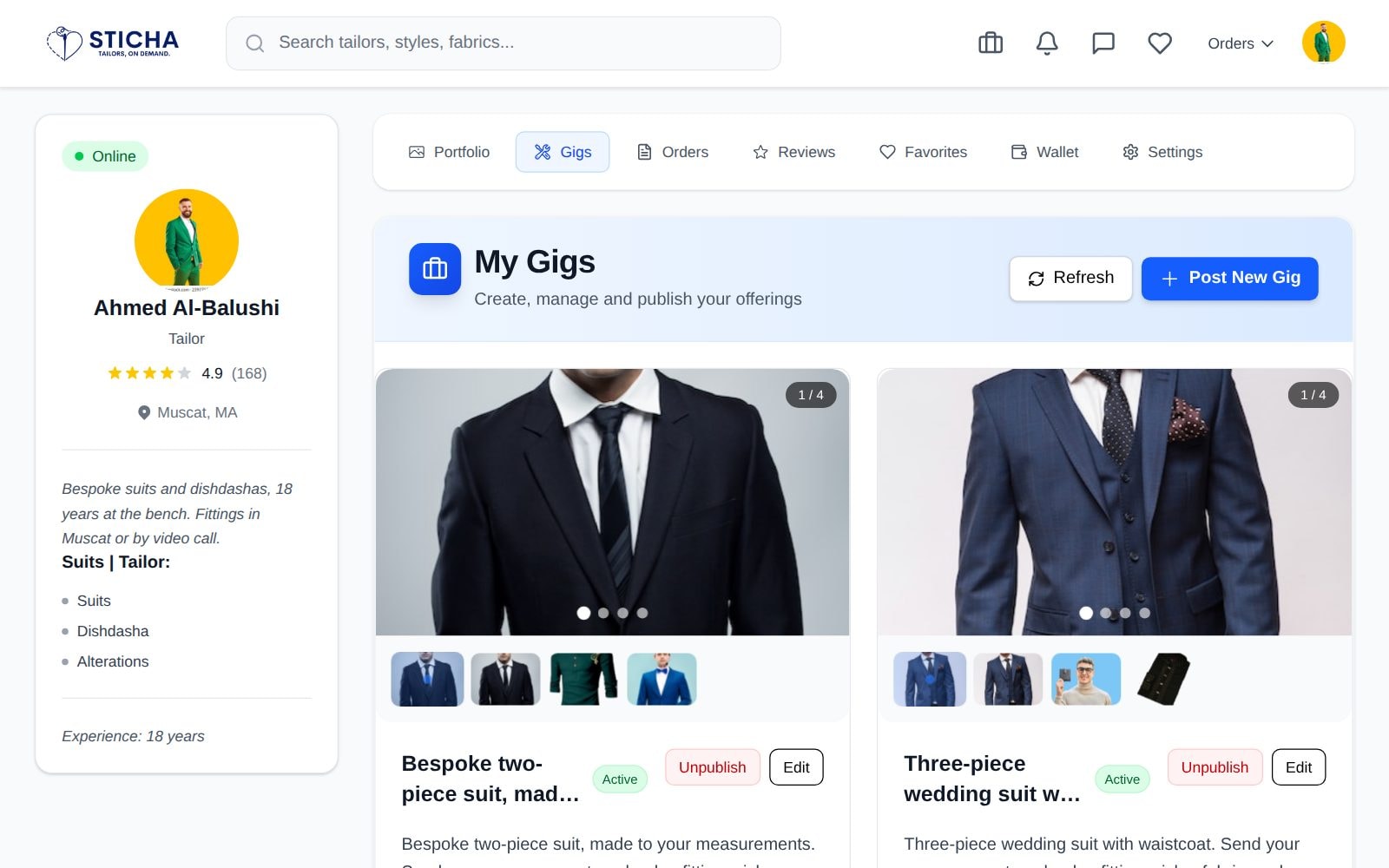 Tailors create, publish and edit their gigs with galleries and packages.