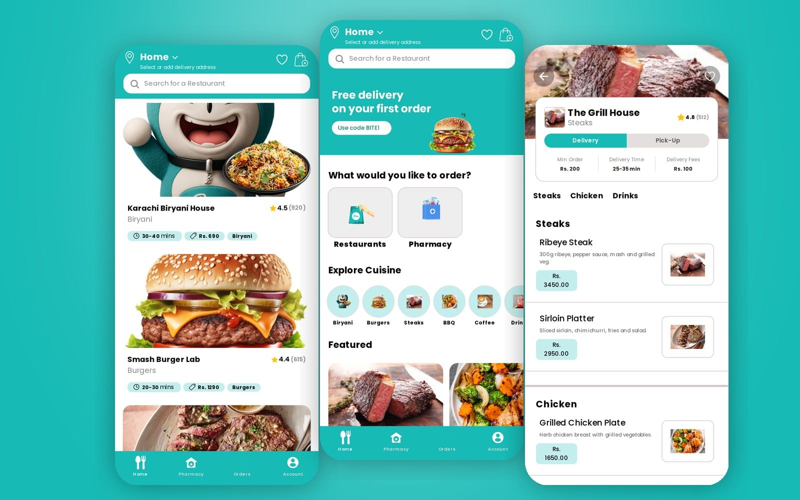 Bite app: restaurants, home and a restaurant menu