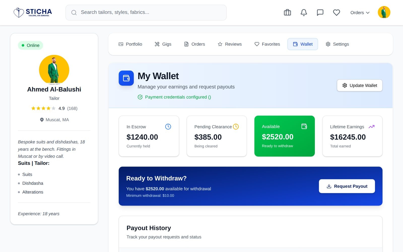 Earnings in escrow, pending clearance and available, with payout requests and history.