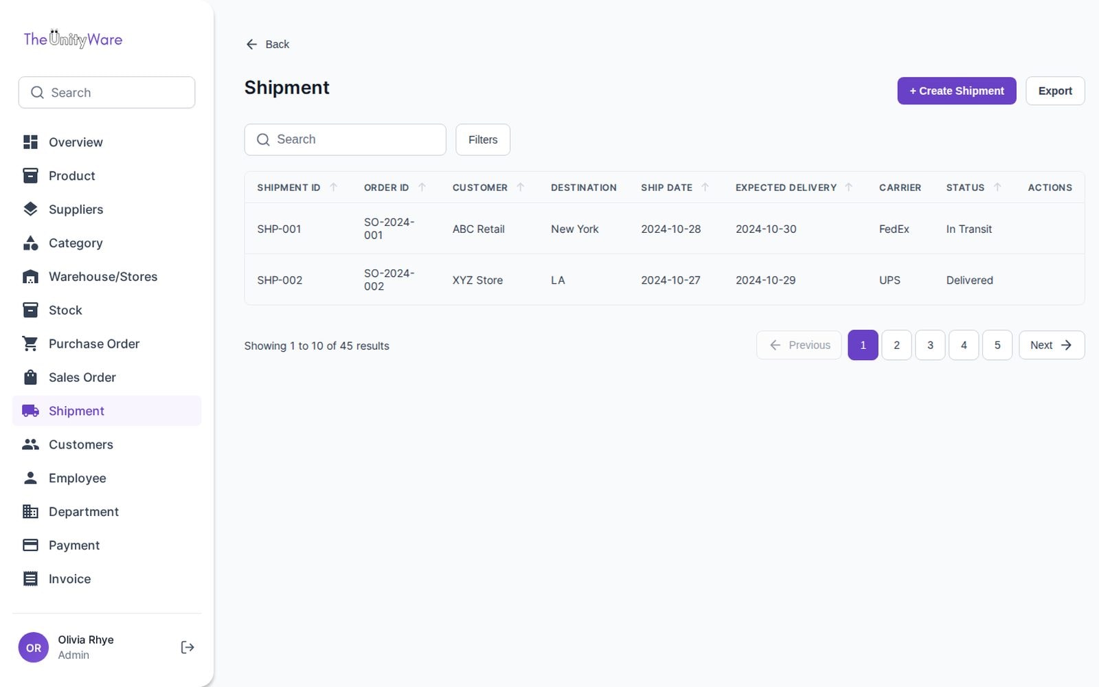 Carrier, destination and expected delivery for every shipment.