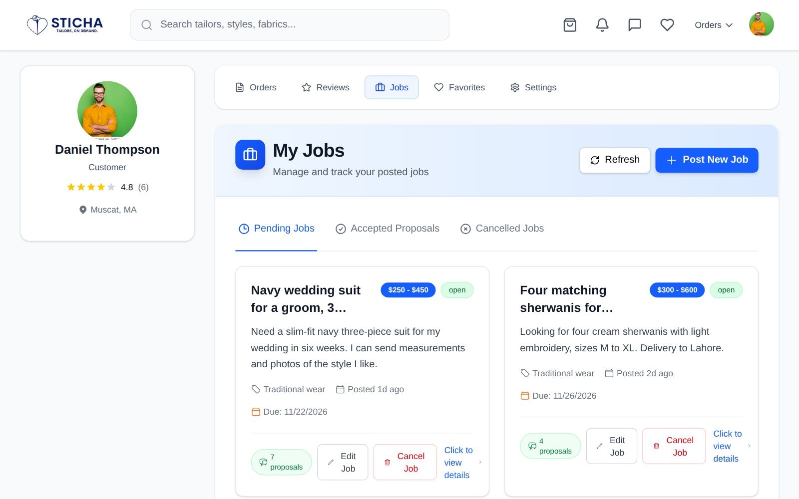 A customer's posted jobs with their budgets and the proposals each has received.