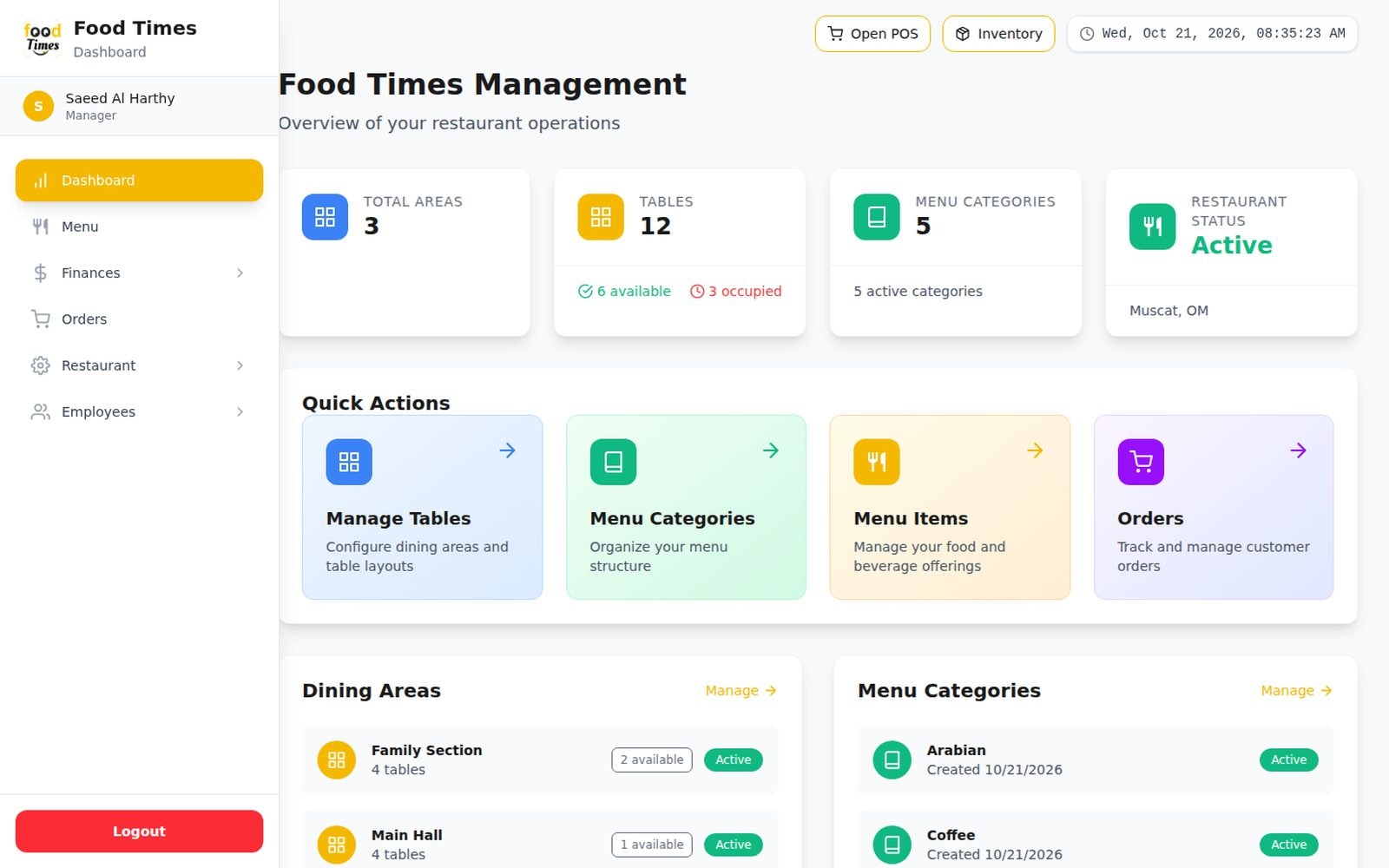 Areas, tables, menu categories and quick actions.