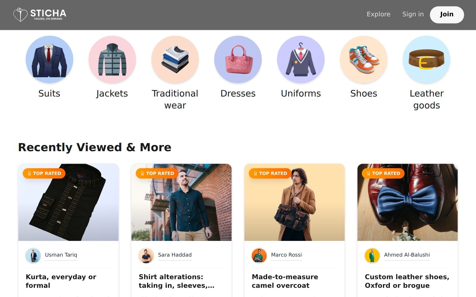 Browse by category, then pick from gigs with prices, ratings and the tailor behind each one.