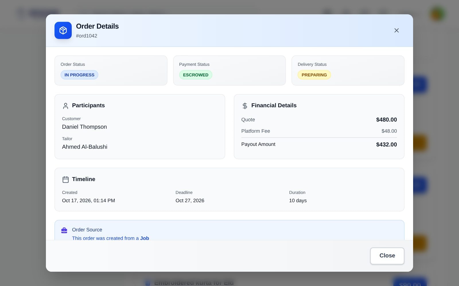 Order, payment and delivery status, fees and payout, and the timeline in one view.