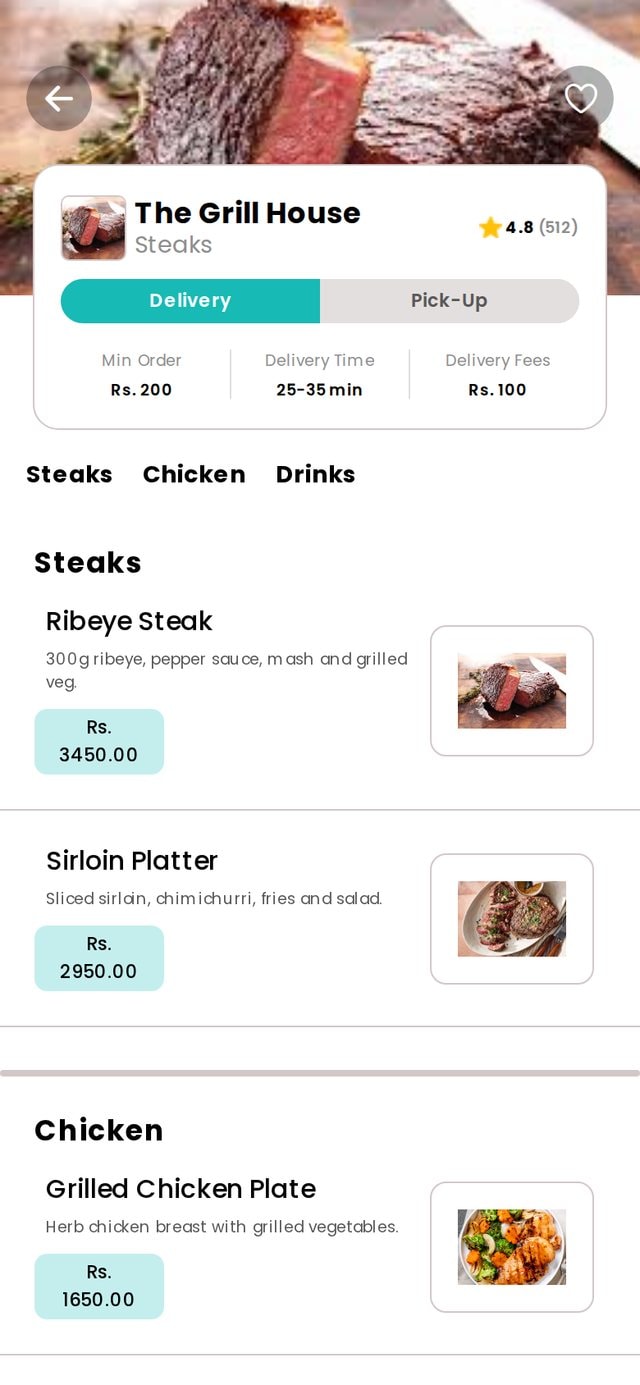 Menu by section, with delivery or pick-up.
