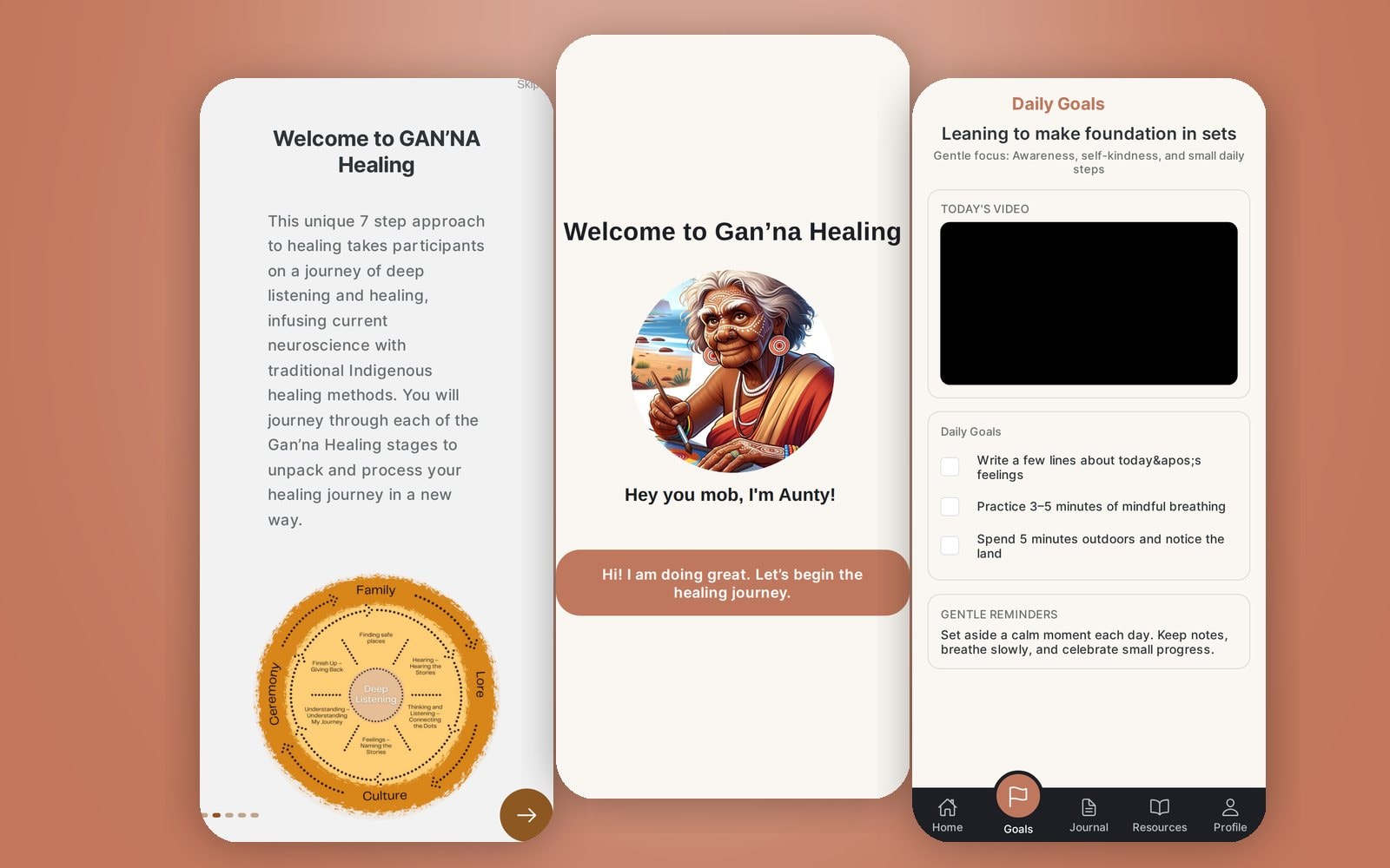 Gan'na Healing app screens with Aunty and daily goals